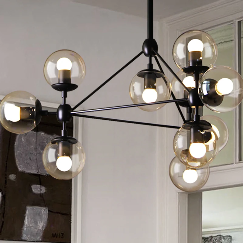 Helder Glass Ball Chandelier Lighting Loft Style Bedroom Hanging Light Fixture Black Black