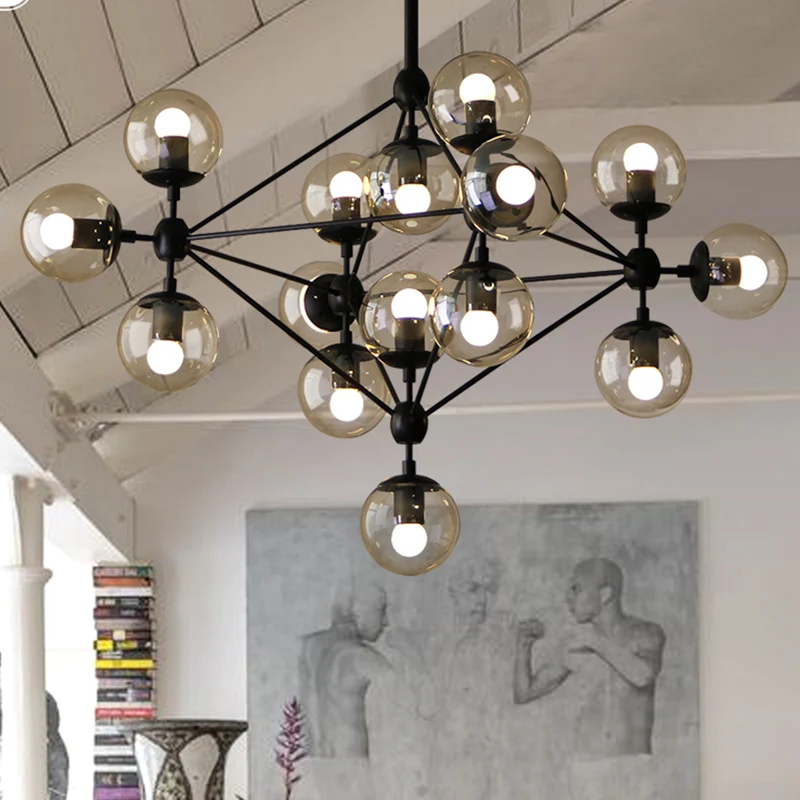 Helder Glass Ball Chandelier Lighting Loft Style Bedroom Hanging Light Fixture Black Black