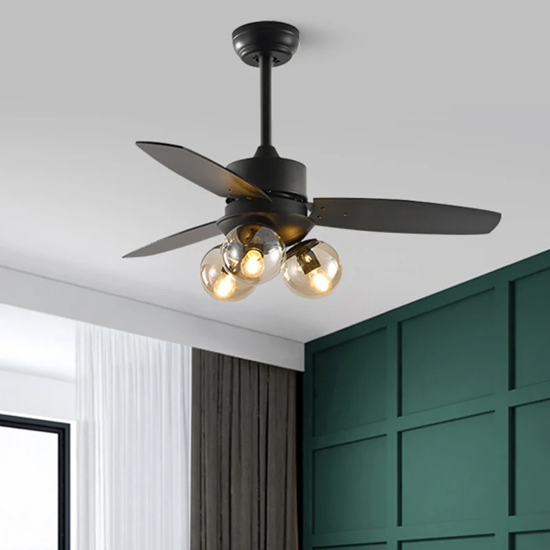 3 koppen bal semi-inbouwverlichting industrieel wit/zwart fel glas 3 bladen hangende ventilatorlamp voor restaurant, 42" W
