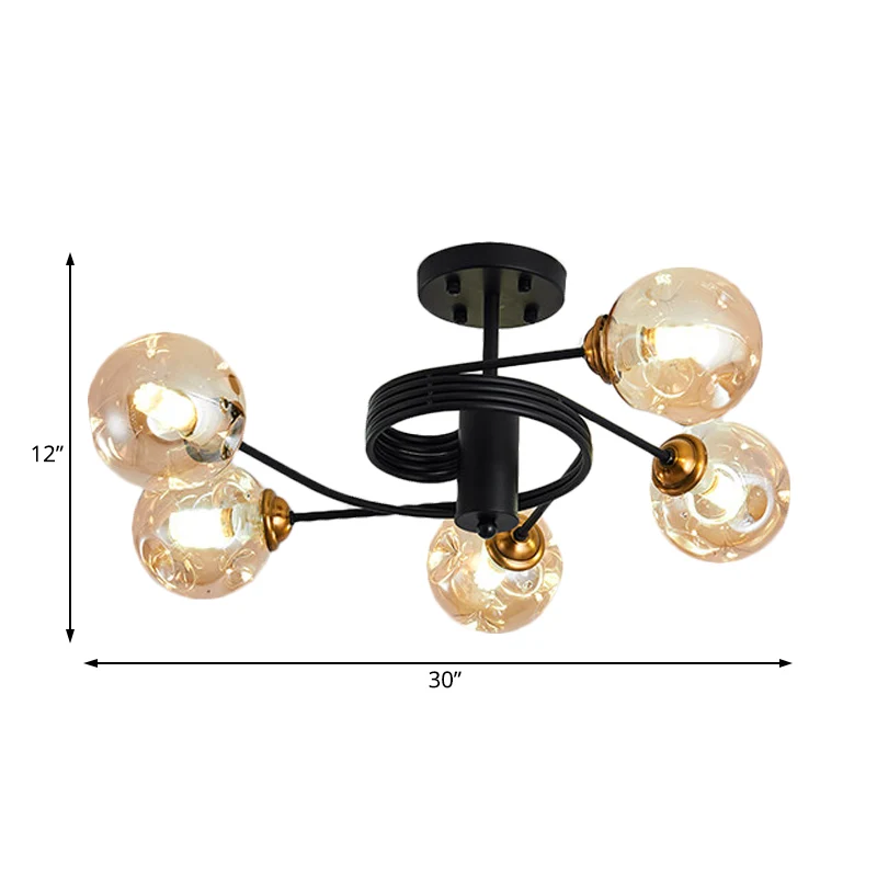 3/5 lichten woonkamer semi-inbouw met bal amber/rook ingedeukt geblazen glazen kap modernistische zwarte semi-inbouw plafo...
