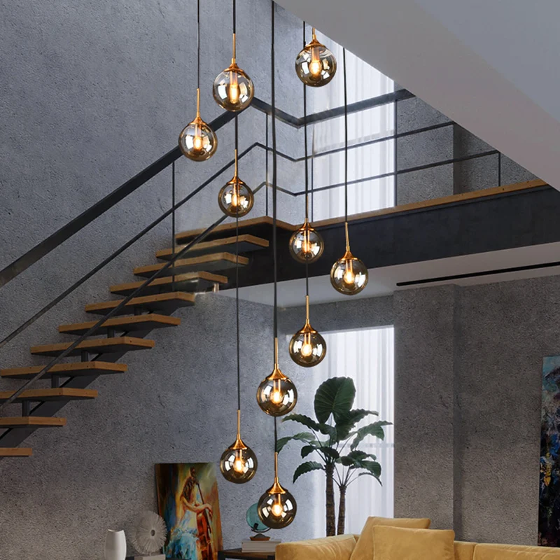 Nordic Style Spiral Ball Hanging Lighting Glaswerk Staircase Multi Light Pendant Amber