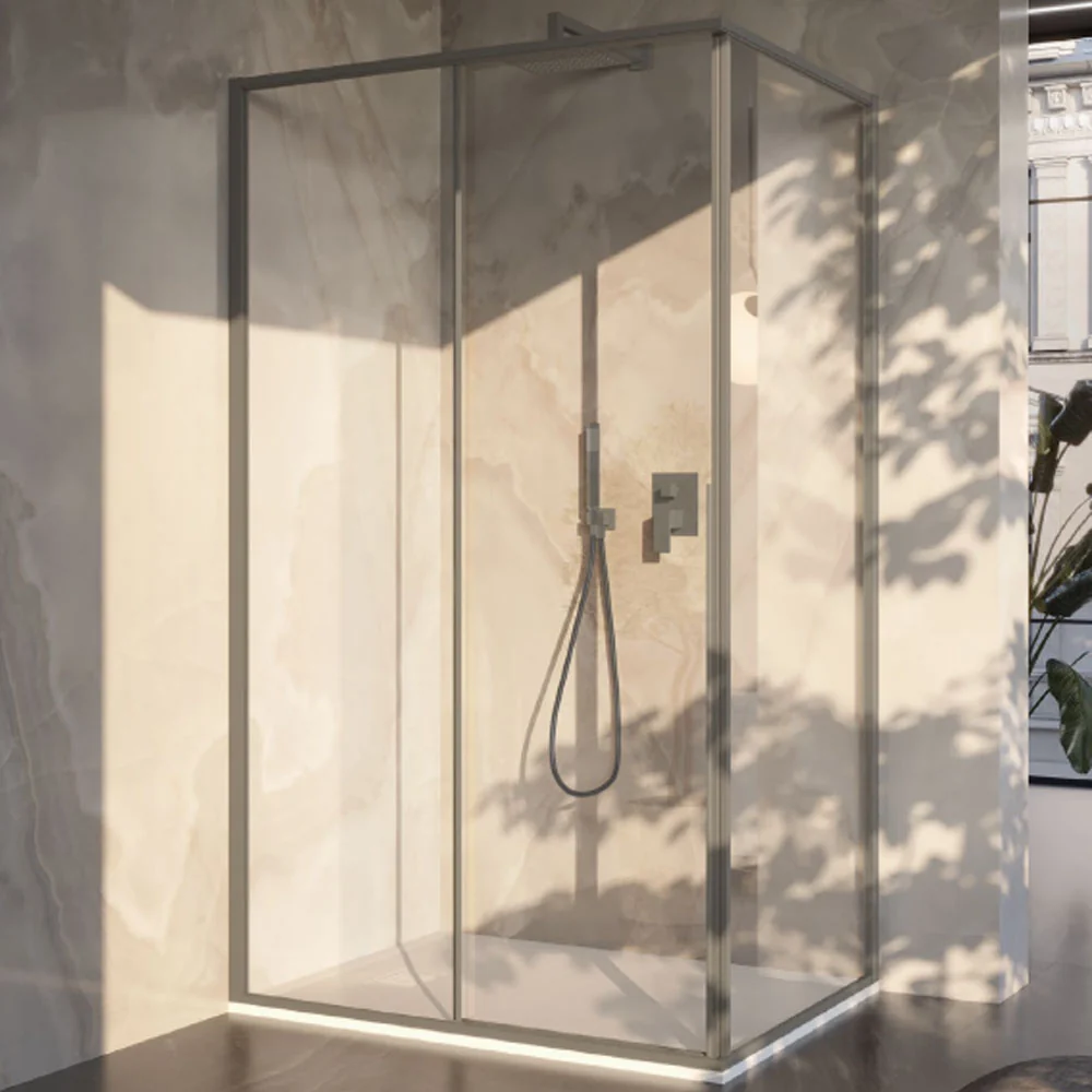 Rectangular shower enclosure 70x100 6 mm crystal and minimal lichtmetaal profile Dove color. Left version