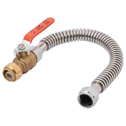 Sharkbite 18 . Stainless Staal Corrugated Water Heater Connector 3/4 . Push-Fit Ball Valve x 3/4 . FIP