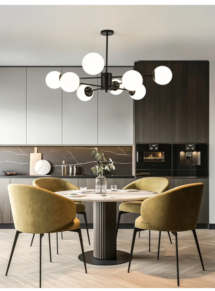Strak Minimalistic Ball Chandelier Opal Glass Living Room Ceiling Suspension Lamp Black