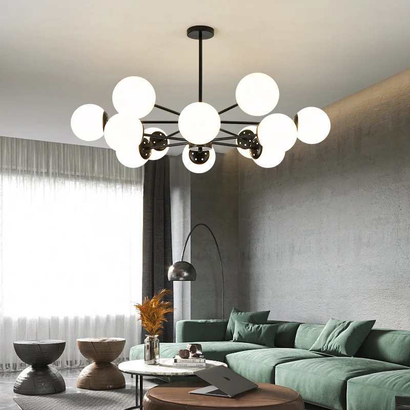 Strak Minimalistic Ball Chandelier Opal Glass Living Room Ceiling Suspension Lamp Black