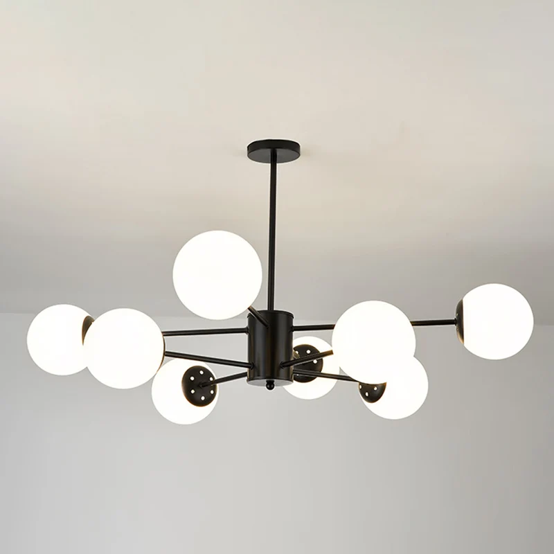 Strak Minimalistic Ball Chandelier Opal Glass Living Room Ceiling Suspension Lamp Black