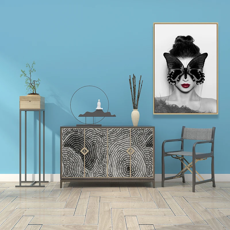 Stylish Woman Wearing Mask Canvas Girls Bedroom, Light Color, Reliëf Surface Blue