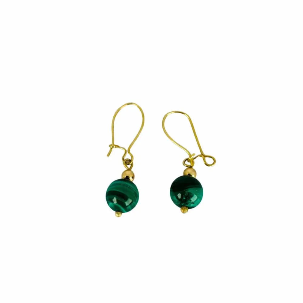 Vintage yellow gold earrings green malachite balls