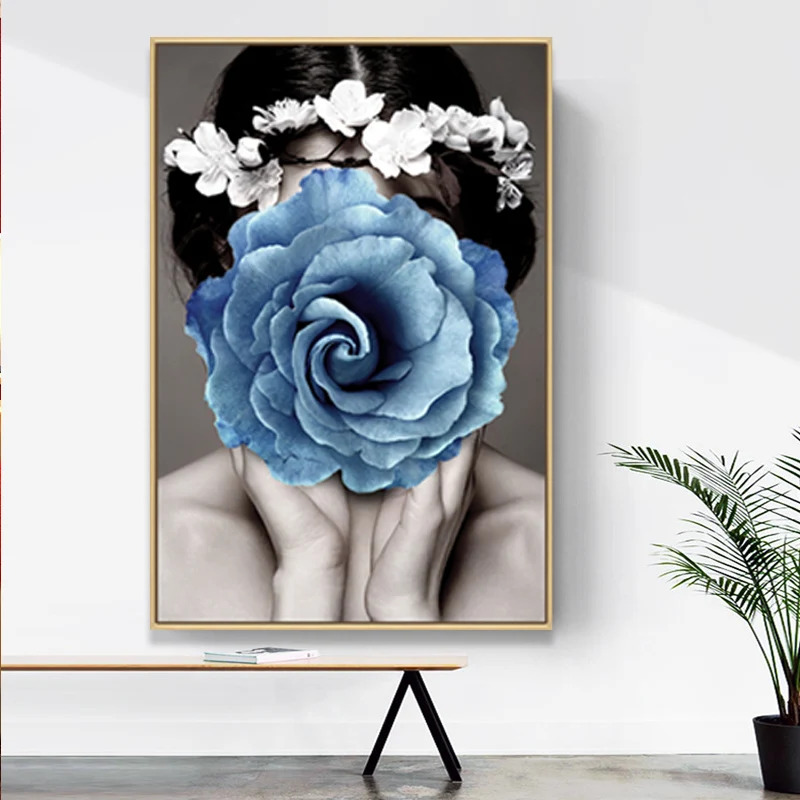 Zeitgeist Woman Wearing Mask Canvas Girls Bedroom, Light Color, Textured Surface Blue