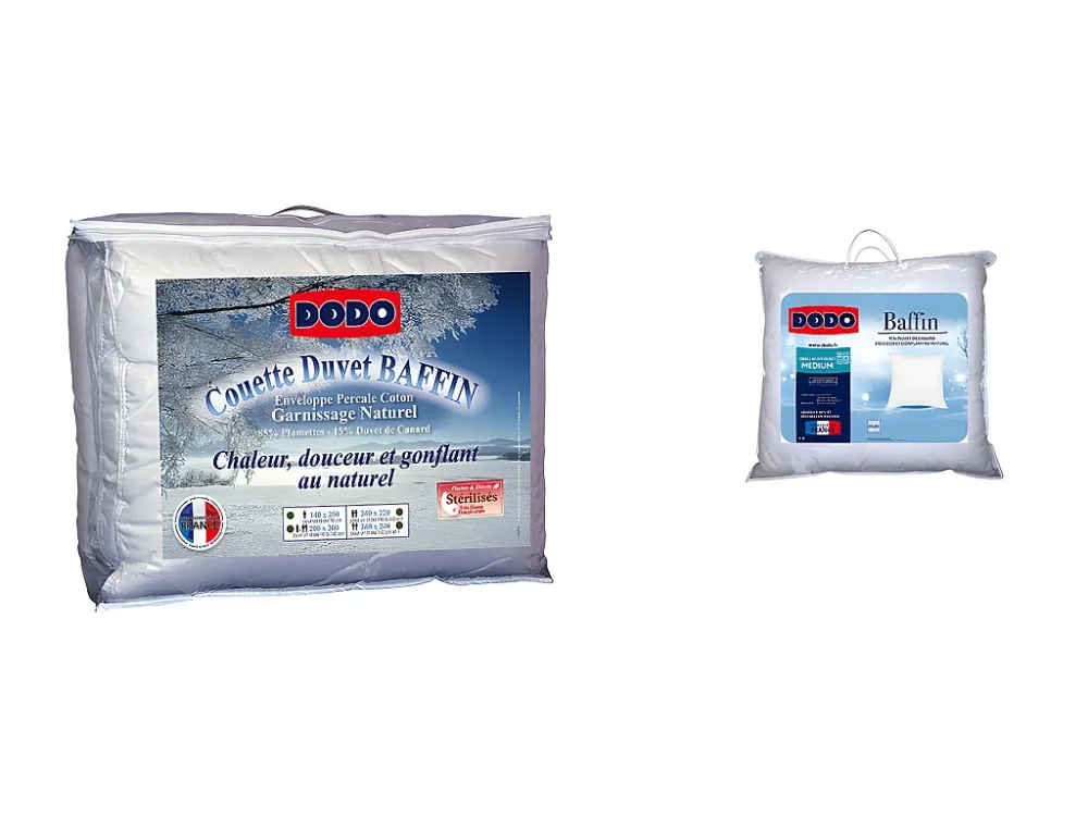 Set DODO dekbed logischerwijs 220 x 240 cm + 2 hoofdkussens dons BAFFIN 65 x 65 cm