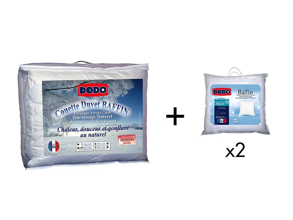 Set DODO dekbed logischerwijs 220 x 240 cm + 2 hoofdkussens dons BAFFIN 65 x 65 cm