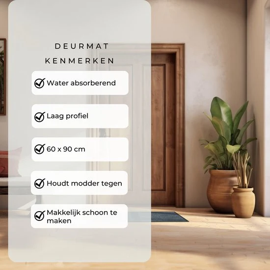 AKSA Home® Deurmat binnen - Droogloopmat voor binnen - 60 x 90 cm - Grijs