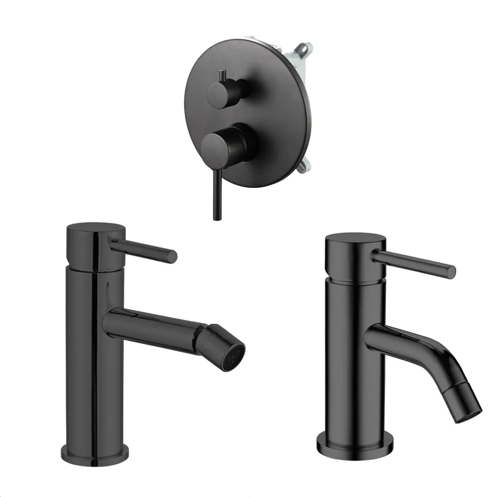 Composition mixers washbasin, bidet and 2-way Moon shower matte black geel koper