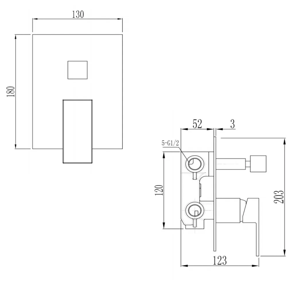 Square 3-way built- shower mixer mechanical diverter Ares