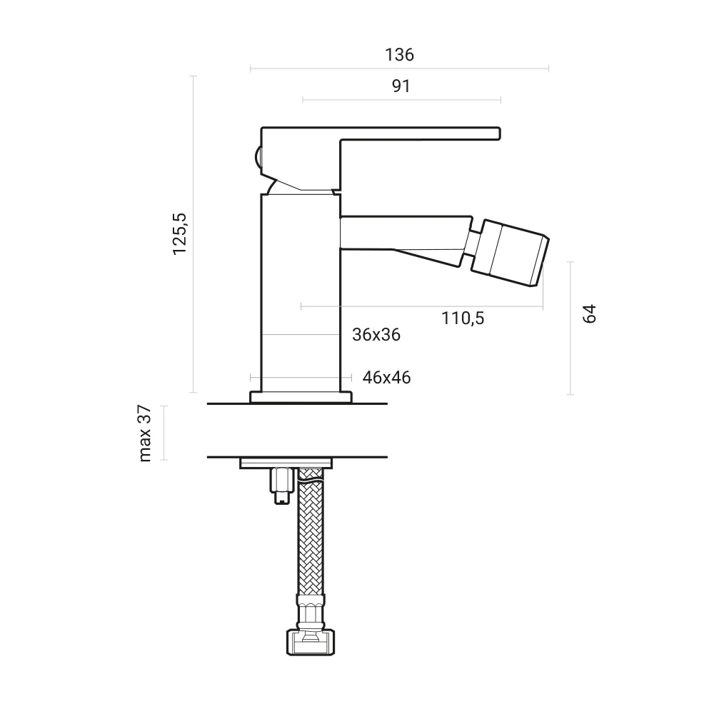 Square composition high basin mixer, bidet and shower 2-way diverter