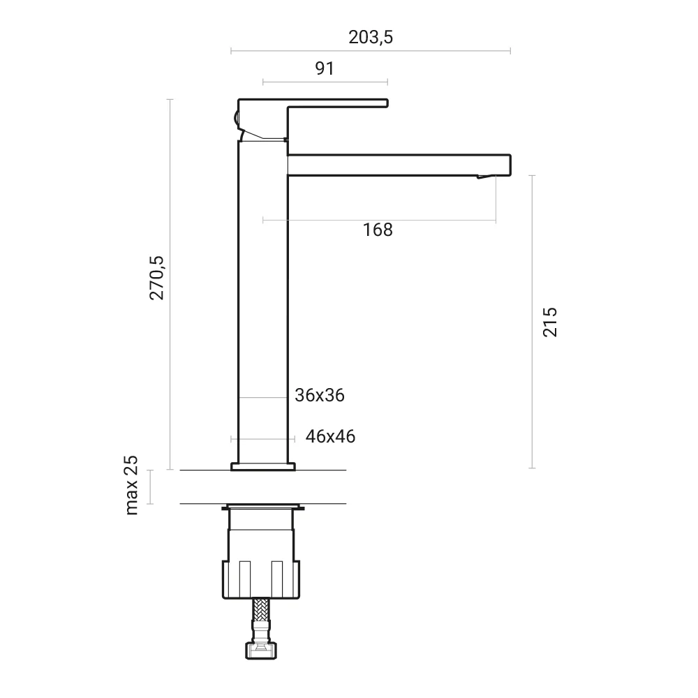 Square composition high basin mixer, bidet and shower 2-way diverter
