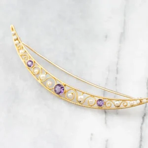 Premium Kwaliteit Amethyst and Pearl Crescent Moon Brooch