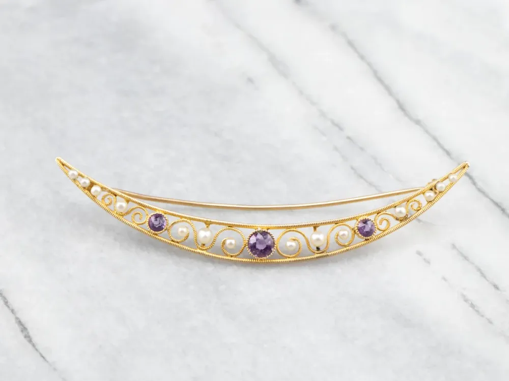 Premium Kwaliteit Amethyst and Pearl Crescent Moon Brooch