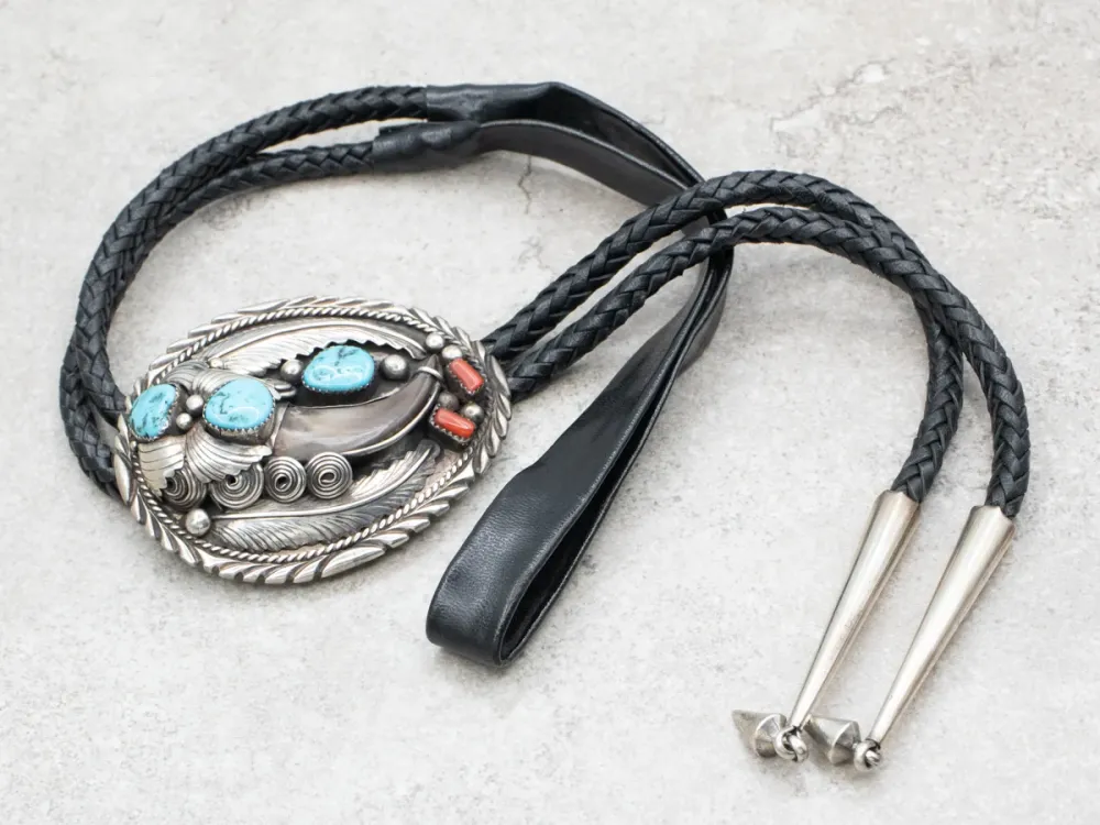 Southwest Style Faux Bear Claw Aquamarijn and Coral Bolo Tie