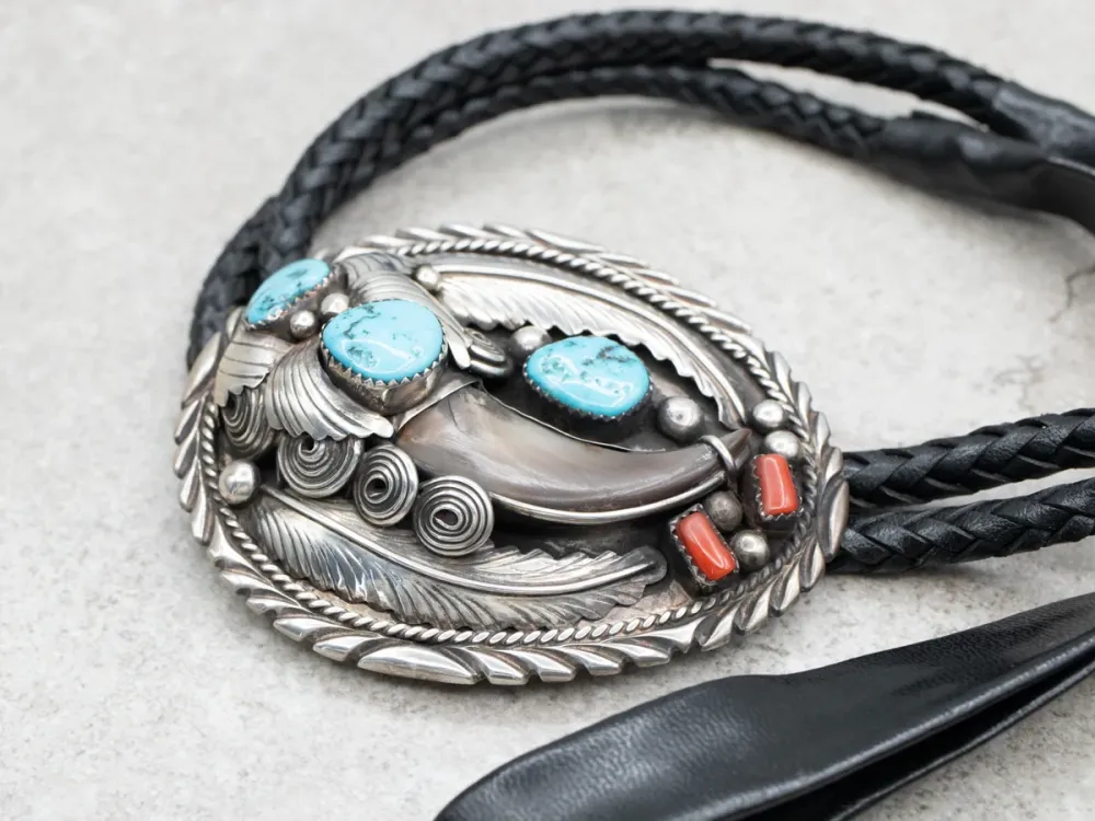 Southwest Style Faux Bear Claw Aquamarijn and Coral Bolo Tie