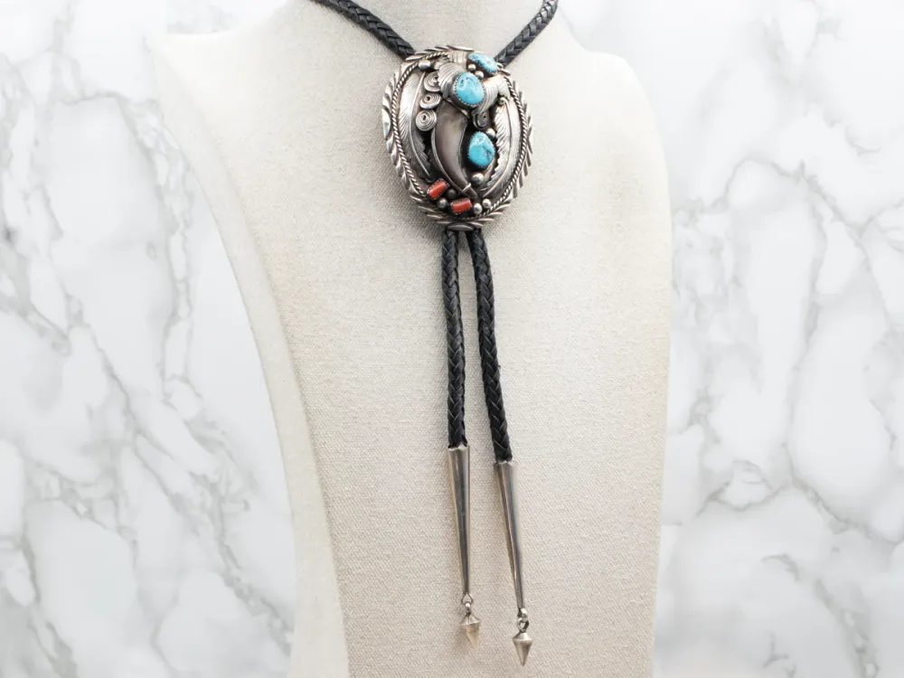 Southwest Style Faux Bear Claw Aquamarijn and Coral Bolo Tie
