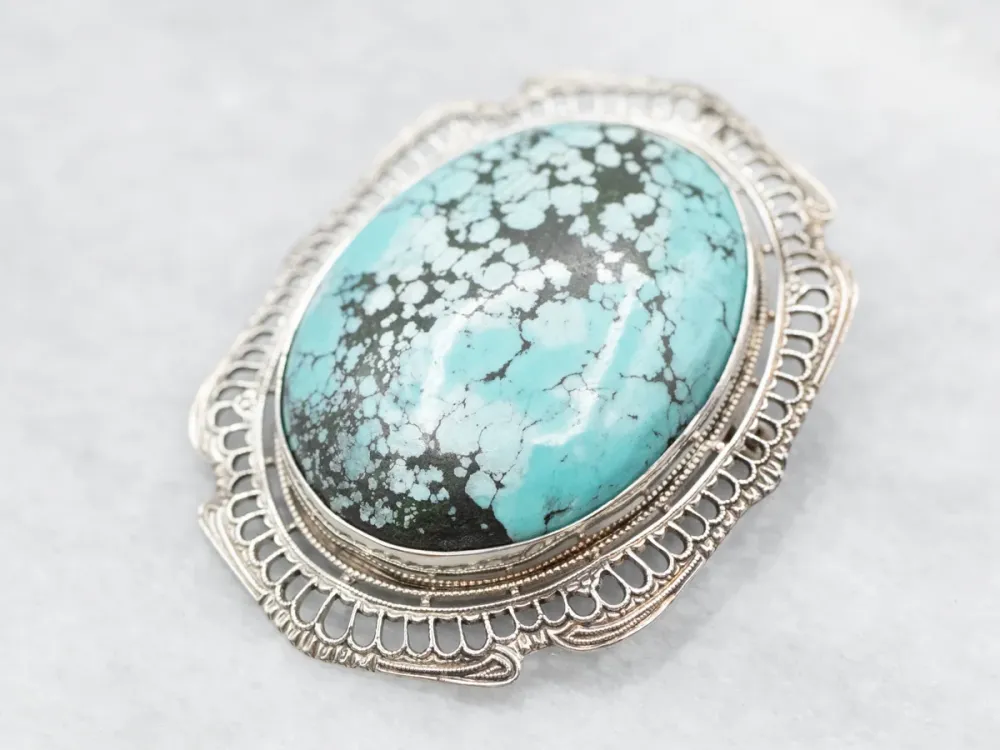 Vintage Azuurblauw Filigree Brooch or Pendant
