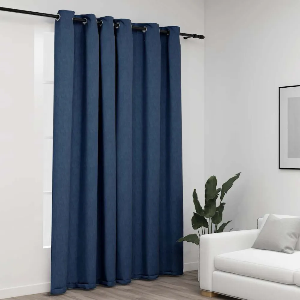 Gordijn linnen-look verduisterend met ogen 290x245 cm blauw