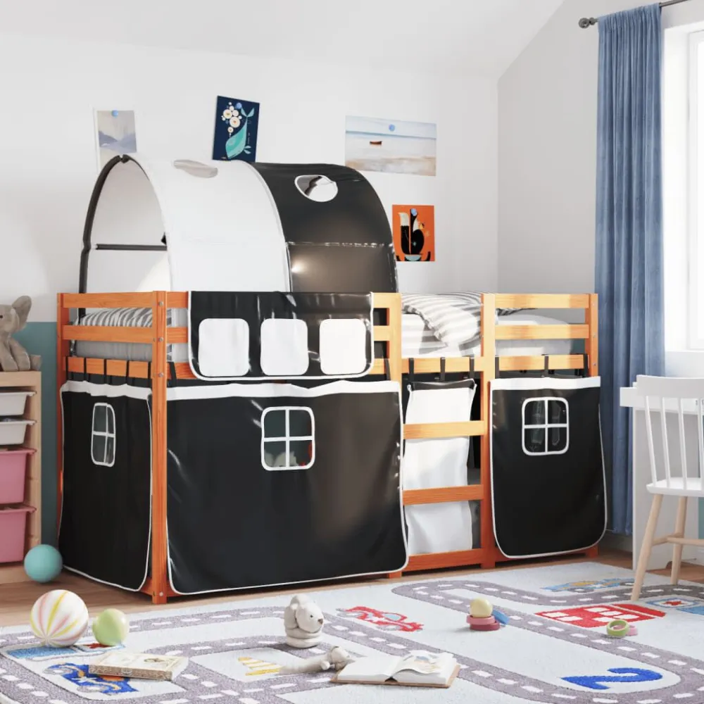 Stapelbed met gordijnen 75x190 cm grenenhout wit en zwart
