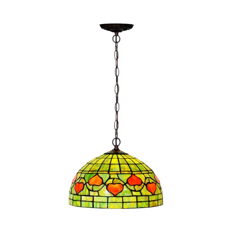 1-lichts keukenhangende hanglamp Mediterraan rood/groen plafondlamp met koepelvormige kap van gebrandschilderd glas