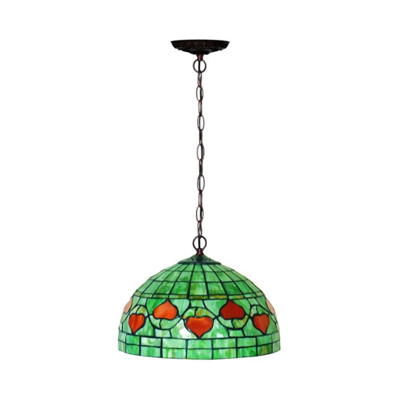 1-lichts keukenhangende hanglamp Mediterraan rood/groen plafondlamp met koepelvormige kap van gebrandschilderd glas