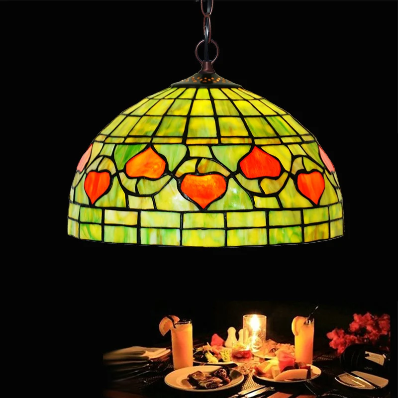 1-lichts keukenhangende hanglamp Mediterraan rood/groen plafondlamp met koepelvormige kap van gebrandschilderd glas