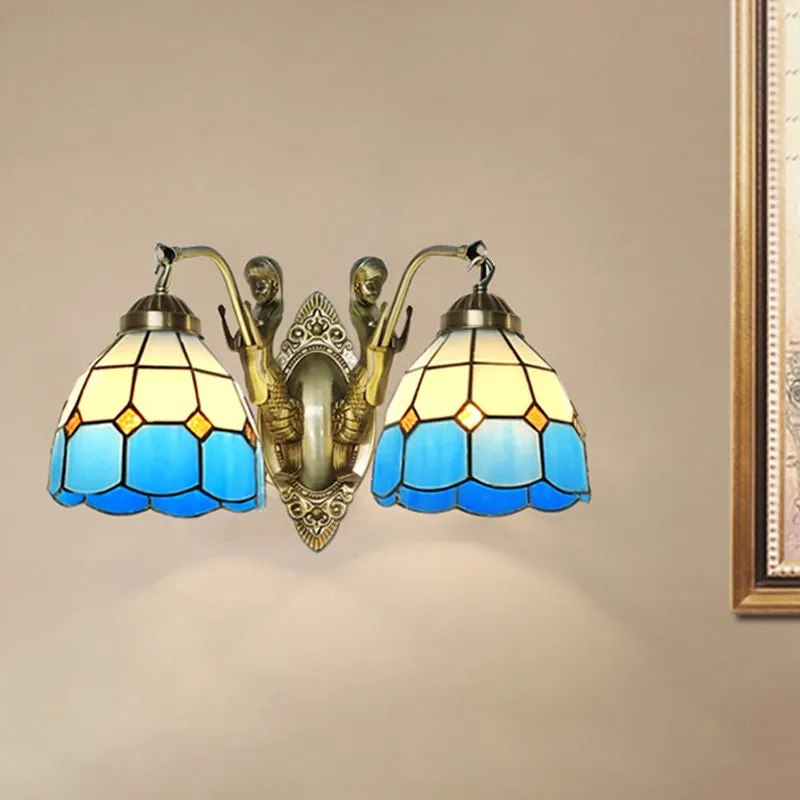 2-Head Domed Wall Mount Lighting Tiffany Dark Blue and White/Orange and Parelmoer Stained Glass Mermaid Wall Sconce Grid P...