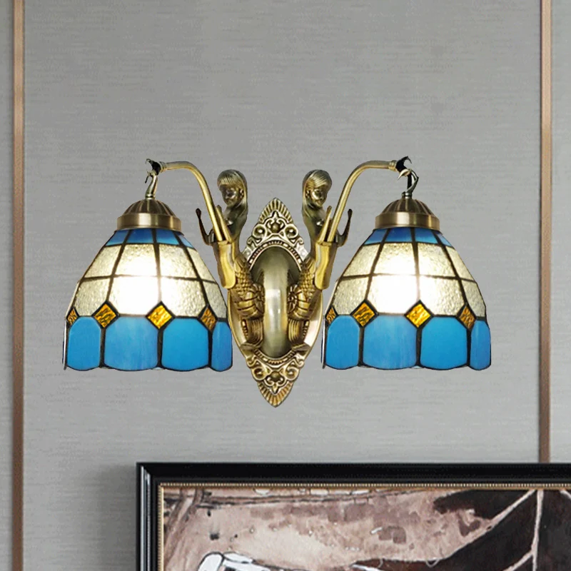 2-Head Domed Wall Mount Lighting Tiffany Dark Blue and White/Orange and Parelmoer Stained Glass Mermaid Wall Sconce Grid P...