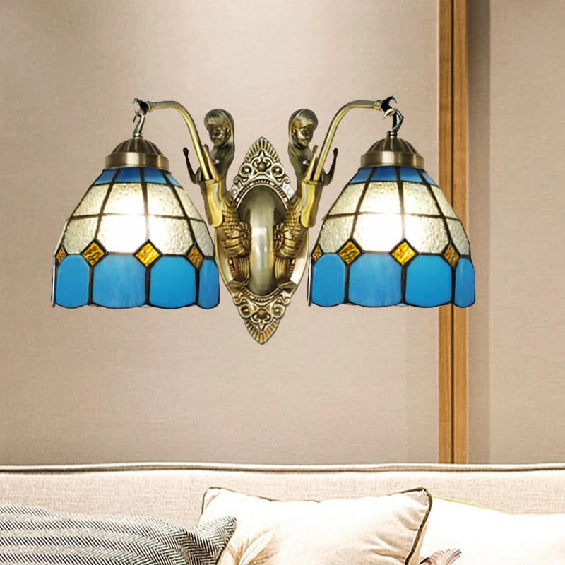 2-Head Domed Wall Mount Lighting Tiffany Dark Blue and White/Orange and Parelmoer Stained Glass Mermaid Wall Sconce Grid P...