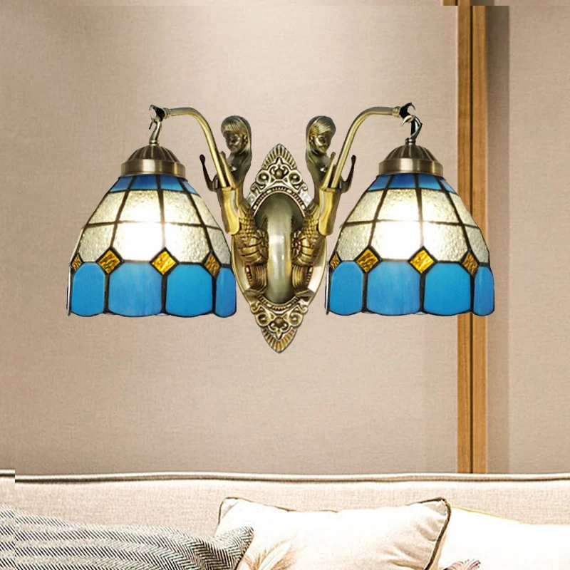 2-Head Domed Wall Mount Lighting Tiffany Dark Blue and White/Orange and Parelmoer Stained Glass Mermaid Wall Sconce Grid P...