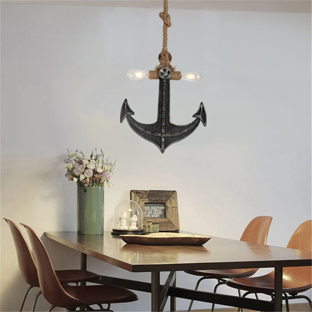 2-lichts blootgestelde gloeilamp kroonluchter kust antiek brons/zilvergrijs touw hanglamp voor eetkamer