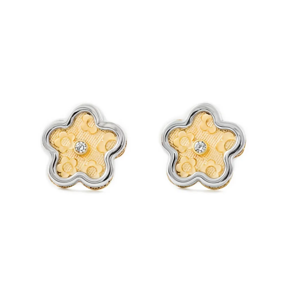 9ct two color gouden Daisy Flower Cubic Zirconia textured Earrings