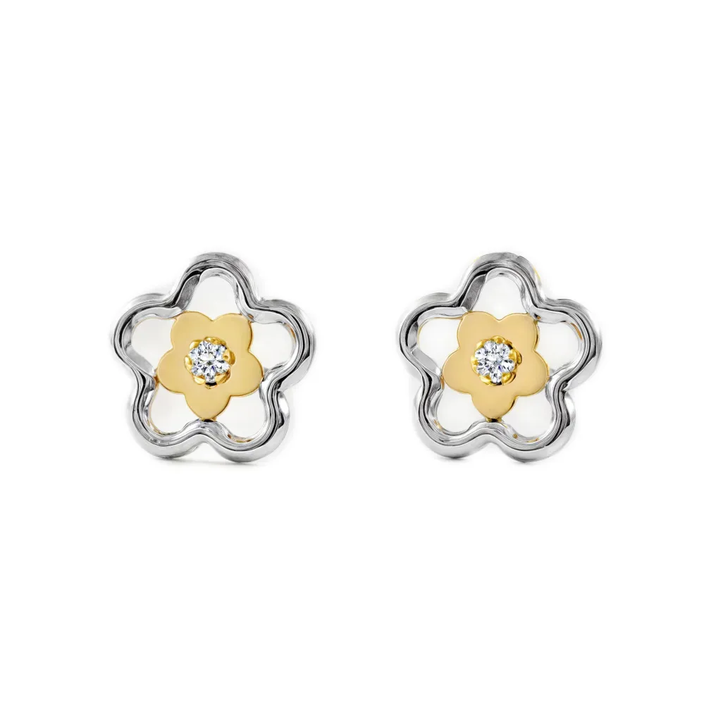 9ct two color gouden Daisy Flower Cubic Zirconia Earrings shine