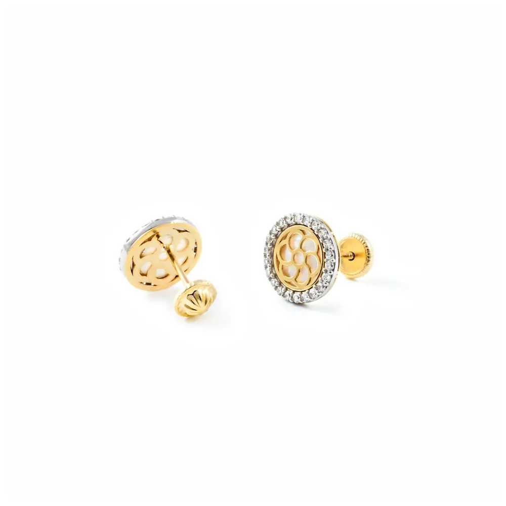 9ct two color gouden Nacre Round Cubic Zirconia Earrings shine