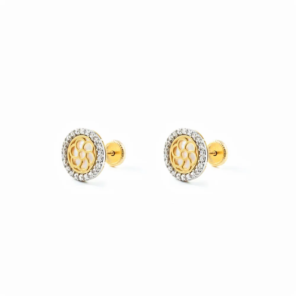 9ct two color gouden Nacre Round Cubic Zirconia Earrings shine