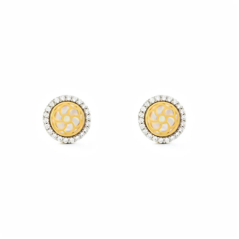 9ct two color verguld Nacre Round Cubic Zirconia Earrings shine