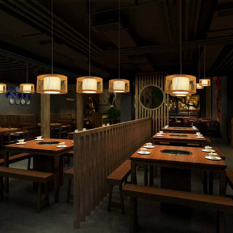 Afgeronde Trommel Plafondlamp Moderne Bamboe Enkele Restaurant Hangende Hanglamp Hout