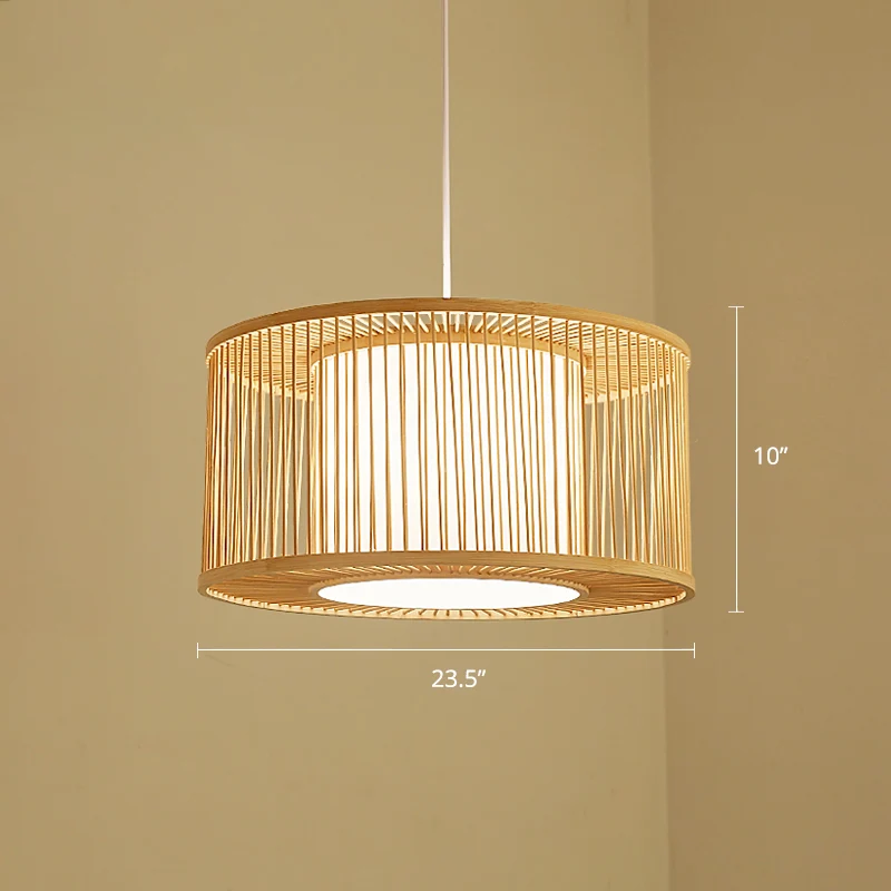 Afgeronde Trommel Plafondlamp Moderne Bamboe Enkele Restaurant Hangende Hanglamp Hout