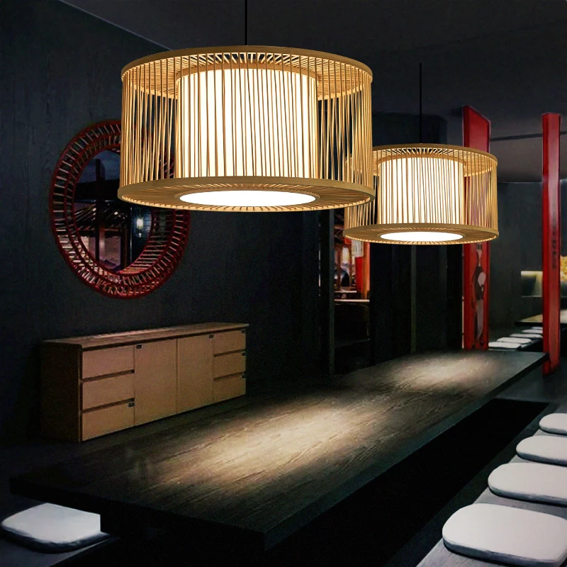 Afgeronde Trommel Plafondlamp Moderne Bamboe Enkele Restaurant Hangende Hanglamp Hout