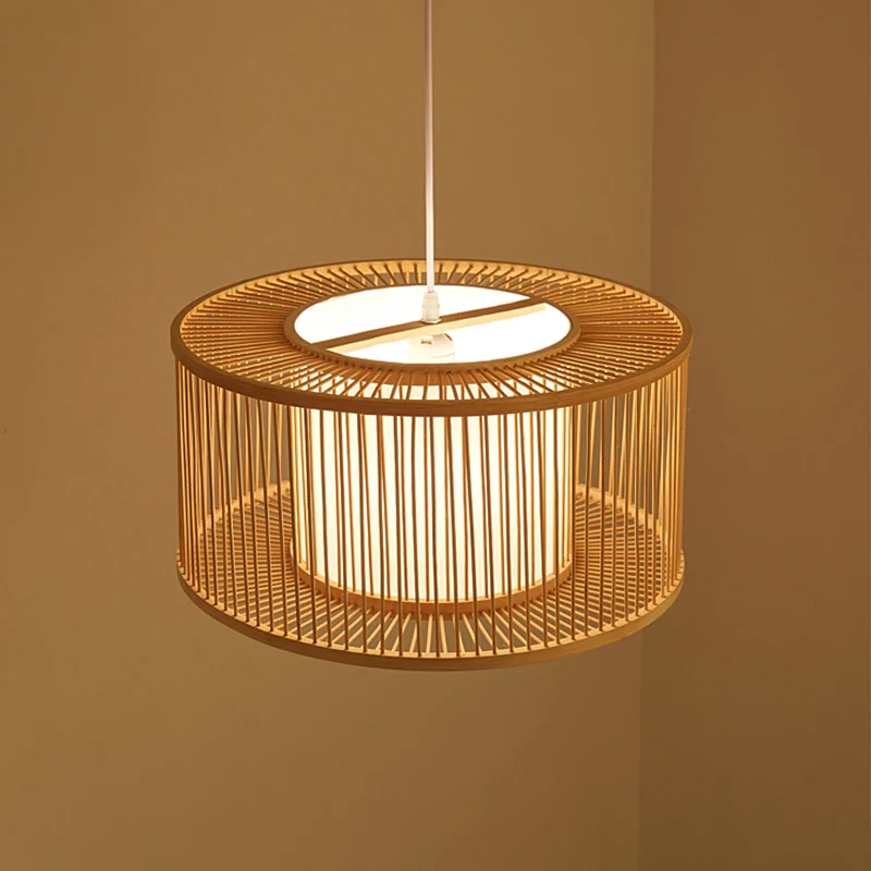 Afgeronde Trommel Plafondlamp Moderne Bamboe Enkele Restaurant Hangende Hanglamp Hout