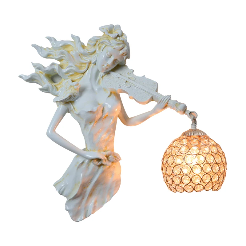 Antiqued Girl Holding Violin Wall Lamp Solo Bulb Resin Wall Light Sconce Ball Beveled Clear crystal Shade White/Gold Gold