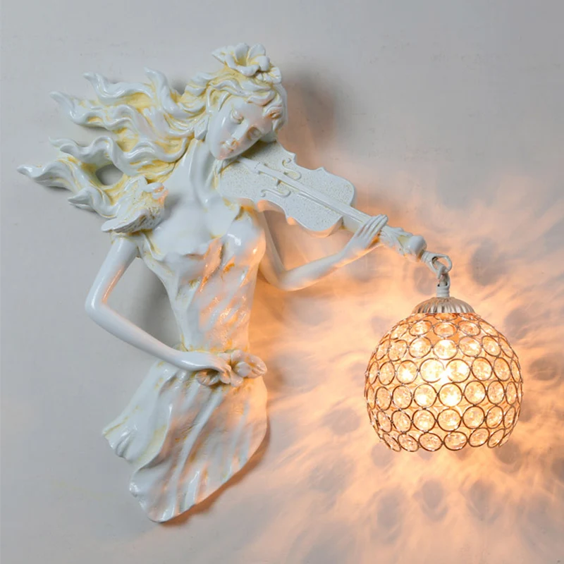 Antiqued Girl Holding Violin Wall Lamp Solo Bulb Resin Wall Light Sconce Ball Beveled Clear crystal Shade White/Gold Gold