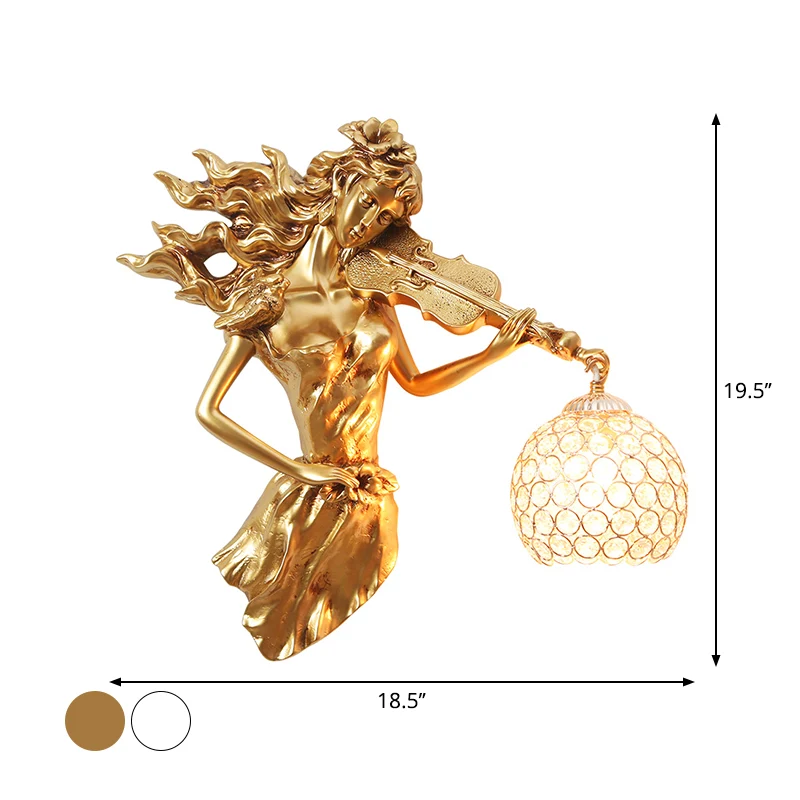 Antiqued Girl Holding Violin Wall Lamp Solo Bulb Resin Wall Light Sconce Ball Beveled Clear crystal Shade White/Gold Gold