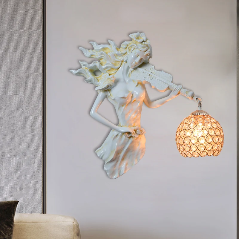 Antiqued Girl Holding Violin Wall Lamp Solo Bulb Resin Wall Light Sconce Ball Beveled Clear crystal Shade White/Gold Gold