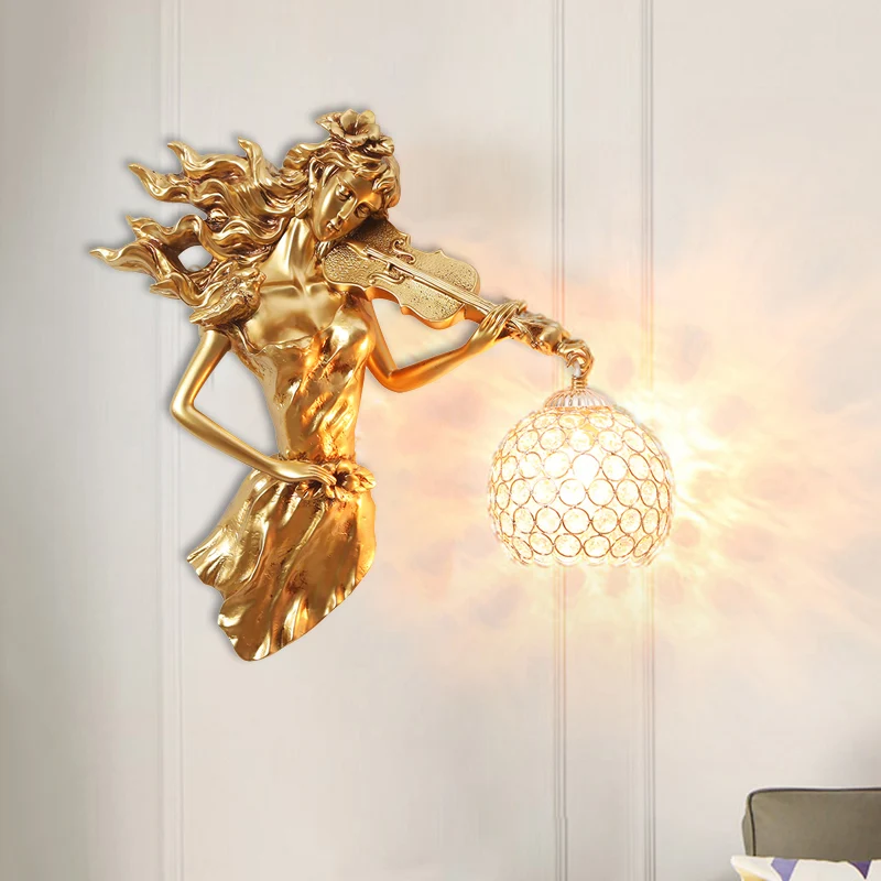 Antiqued Girl Holding Violin Wall Lamp Solo Bulb Resin Wall Light Sconce Ball Beveled Clear crystal Shade White/Gold Gold